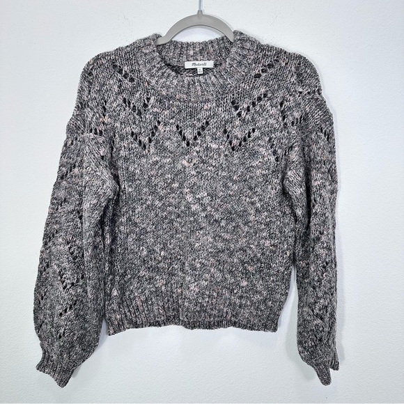 Madewell Marled Grey Pointelle Bubble-Sleeve Pullover Sweater Chunky Knit XS - Picture 1 of 7